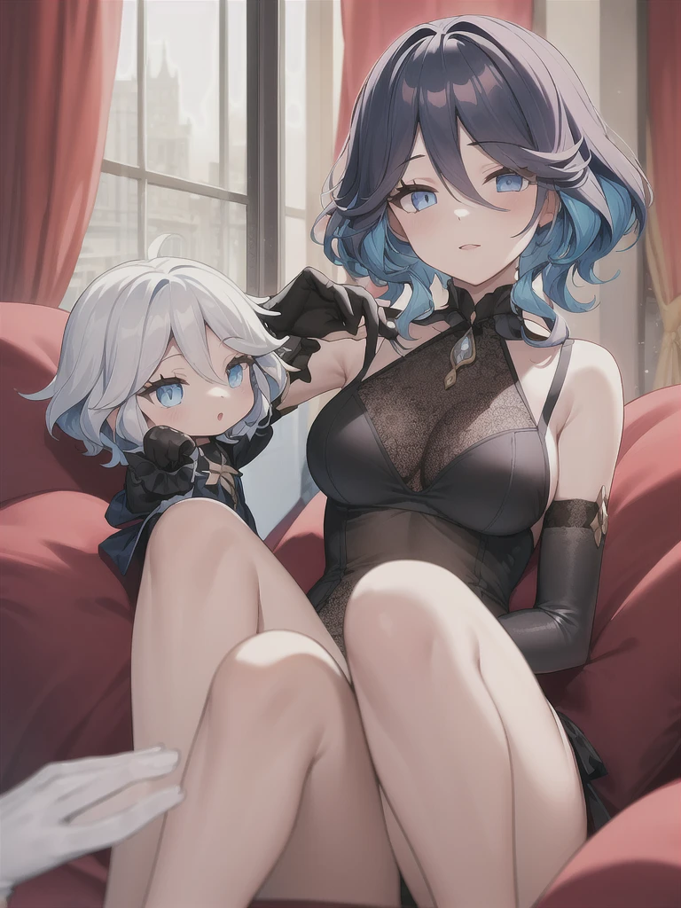 (in hotel, masterpiece, best quality:1.2), 1girl, (holding baby, hold infant), waving hair, estrus, sweet temptation, lingerie, ((elbow gloves))