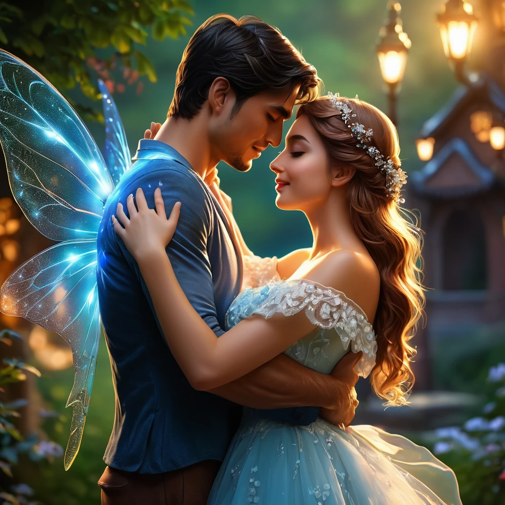 a man hugged tightly from behind the beautiful woman in front of him, they are 25 years old,  romantic atmosphere, The little fairy near them flew away leaving a trail of light behind her, 