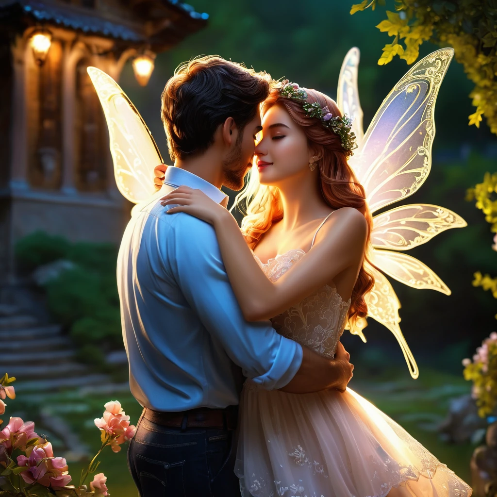 a man hugged tightly from behind the beautiful woman in front of him, they are 25 years old,  romantic atmosphere, The little fairy near them flew away leaving a trail of light behind her, 