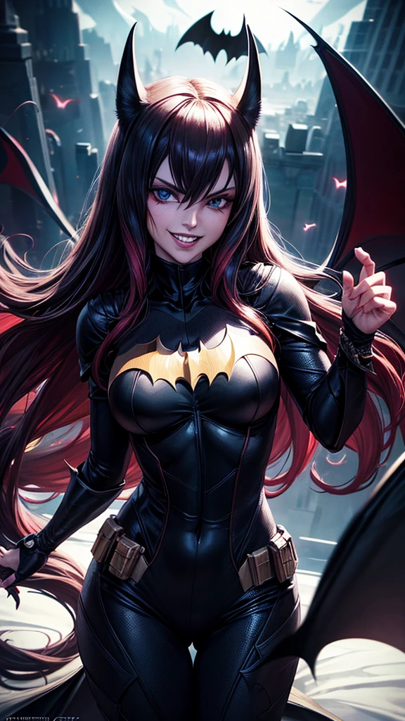 Batman,(Unity 8K CG wallpaper with extreme details, work of art, highest quallity),cor branca com vermelho Batman,mulher Batman, feminine,long hair,elegant bed, enhanced details, sinister grin.
