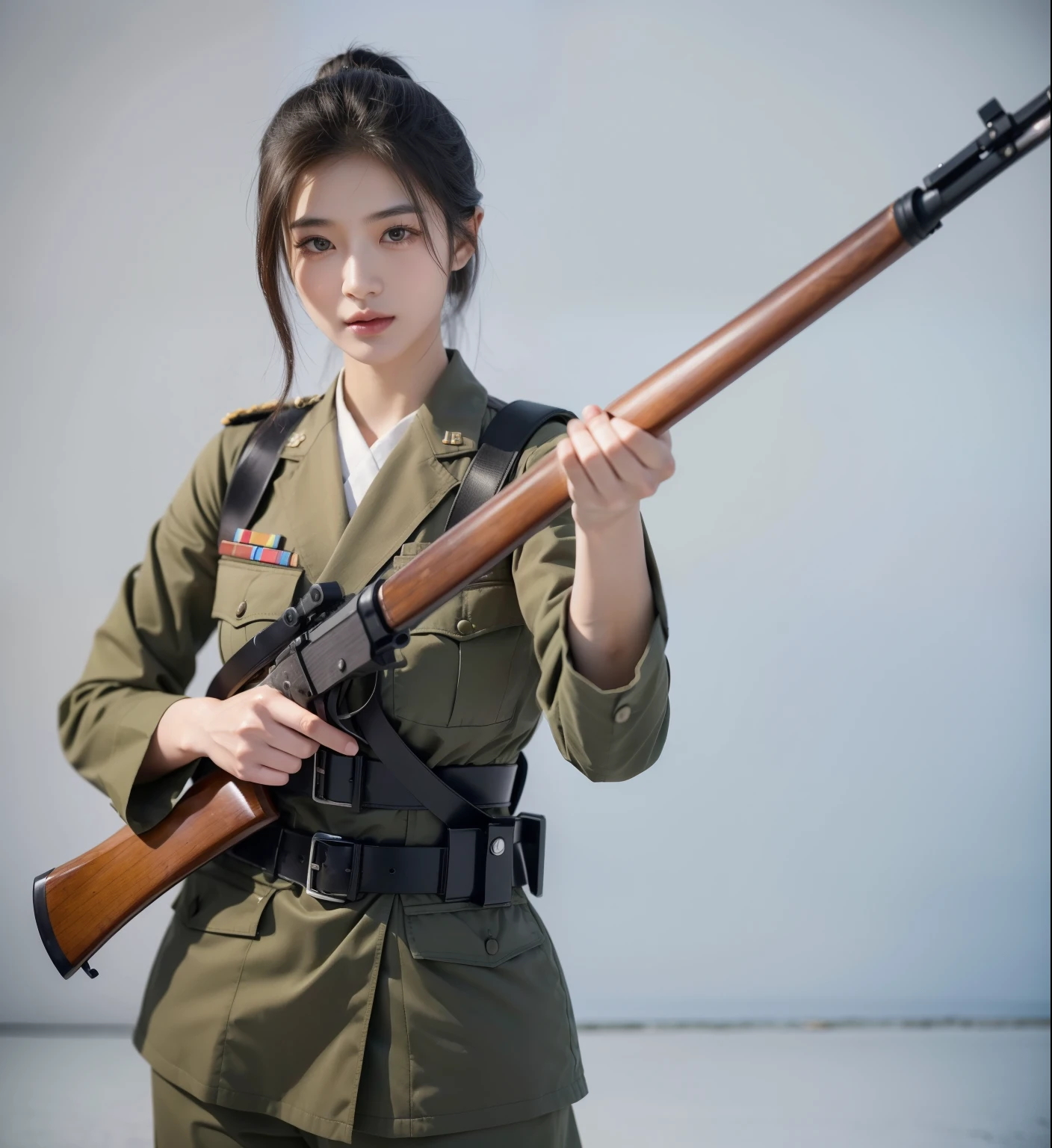In the throes of World War II, amidst the chaos and turmoil, emerges a striking figure from the ranks of the Japanese Empire. She is a soldier, a rare blend of beauty and authority, her presence commanding respect on the battlefield. Her captivating features are a stark contrast to the harsh realities of war, her delicate face framed by a neatly tied bun, her eyes sharp and resolute. Clad in her uniform, her hands firmly grip an Arisaka rifle. Despite her beauty, her demeanor is stern and unwavering, a testament to her commitment and strength. She stands as a beacon of courage and resilience, embodying the spirit of a warrior in an era defined by conflict. super fine body, super fine face, super fine eyes, super fine nose, superfine mouth, super fine hands, super fine fingers, good shape, very perfect body, very perfect face, very perfect eyes, very perfect nose, very perfect mouth, very perfect hands, very perfect fingers, super detailed body, super detailed face, super detailed eyes, super detailed nose, super detailed mouth, super detailed hands, super detailed fingers, super high quality, very beautiful girl, super realistic, raw photo, natural eyelash, muscular, perfect shape, military, japanese world war II military uniform, katana, arisaka rifle, world war II, japanese soldier, japanese empire soldier, imperial japanese army.