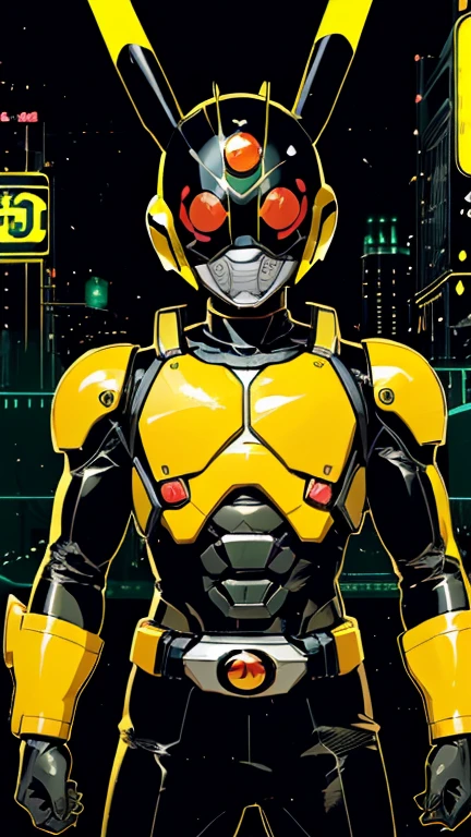 (8k),(masterpiece),(Japanese),(8--old ),((innocent look)),((Childish)),From the front,smile,cute,Innocent,Kind eyes,Flat chest, yellow helmet, yellow domino mask, Pikachu,Bald,No Hair, Henshin Pose,night,dark, Neon light cyberpunk city,Kamen rider,camisa