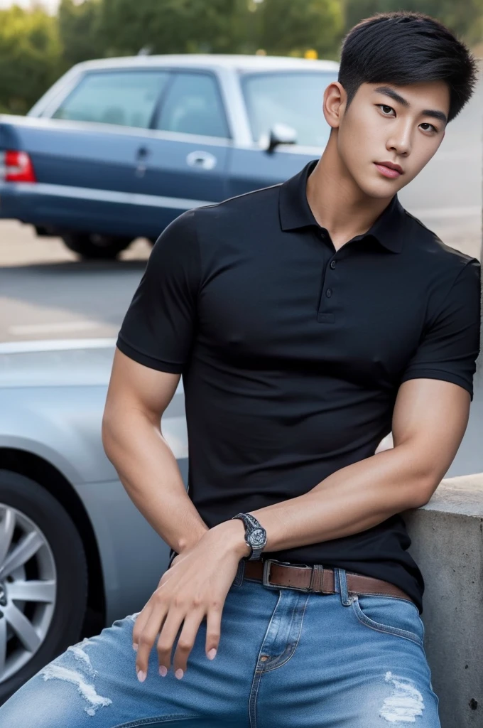 ((realistic daylight)) , Young Korean man in a black polo shirt and jeans, A handsome, muscular young Asian man looks at the camera. In a simple t-shirt blue and red , roadside traffic ,((look sideways))