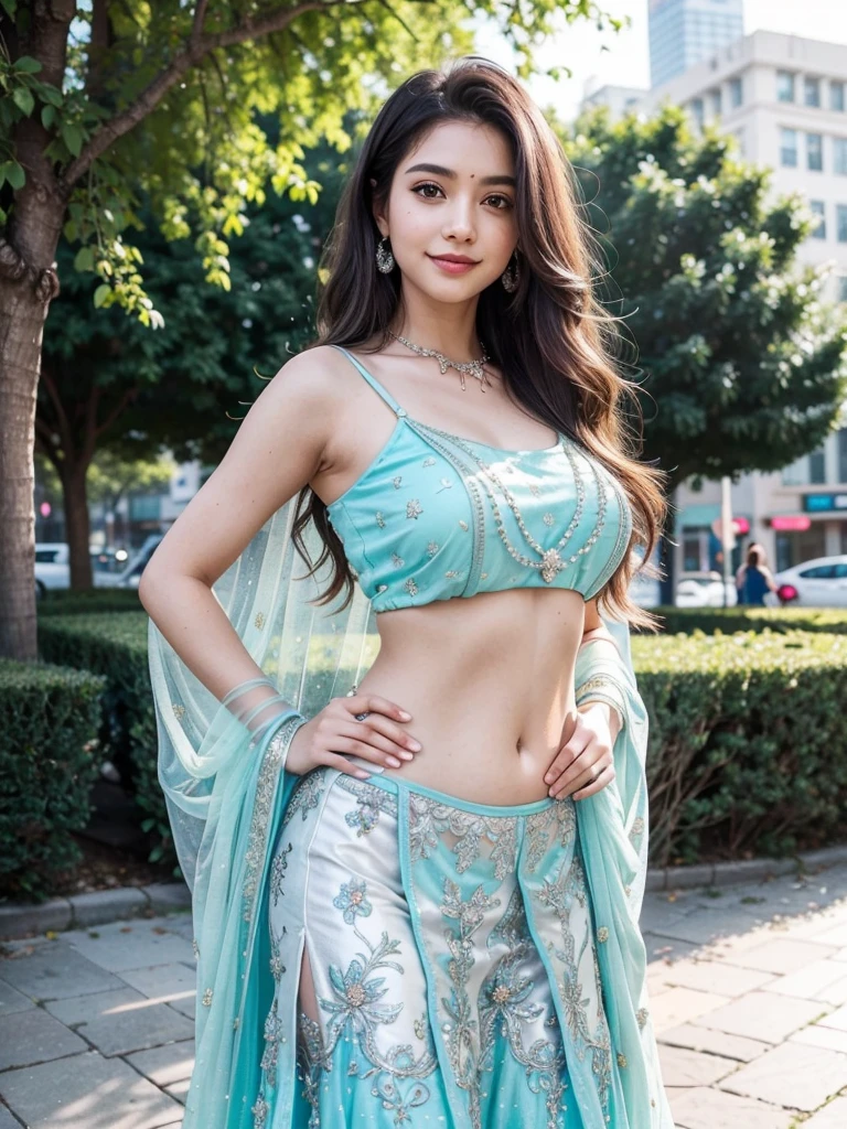 (((young 25 aged girl))), 25 years girl, cute and pretty face, natural skin, charming black hair, ((hair ends are blonde)), city streets background, Super Round huge large Breast, huge large round ass，huge large bubble butt, Pretty cute Navel, Soft Ovel Navel, Detailed pretty Navel, Navel Jewellery, Slender girl, bright light, long_hair, Bokeh, tree branch, colourfull, Glitter Seafoam color princess dress((choli:1.2,lehenga:1.2,dupatta:1.2), smile, pretty, cute, 4k, 8k, CG unity 8k wallpaper, depth of field, ray tracing, perfect figure, sweet round huge large breasts, romantic Eyes, Romantic smile, Romantic Standing Angle, stylish curved angle, (one hand on hip another hand is playing with hair angle), Bright skin, glow face, glow skin, 