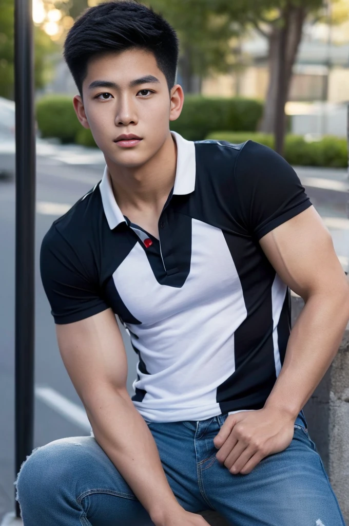 ((realistic daylight)) , Young Korean man in a black polo shirt and jeans, A handsome, muscular young Asian man looks at the camera. In a simple t-shirt blue and red , roadside traffic ,((look sideways))