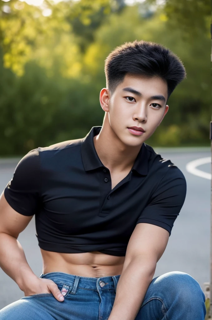 ((realistic daylight)) , Young Korean man in a black polo shirt and jeans, A handsome, muscular young Asian man looks at the camera. In a simple t-shirt blue and red , roadside traffic ,((look sideways))