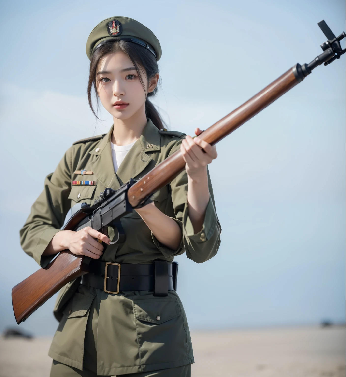 In the throes of World War II, amidst the chaos and turmoil, emerges a striking figure from the ranks of the Japanese Empire. She is a soldier, a rare blend of beauty and authority, her presence commanding respect on the battlefield. Her captivating features are a stark contrast to the harsh realities of war, her delicate face framed by a neatly tied bun, her eyes sharp and resolute. Clad in her uniform, her hands firmly grip an Arisaka rifle. Despite her beauty, her demeanor is stern and unwavering, a testament to her commitment and strength. She stands as a beacon of courage and resilience, embodying the spirit of a warrior in an era defined by conflict. super fine body, super fine face, super fine eyes, super fine nose, superfine mouth, super fine hands, super fine fingers, good shape, very perfect body, very perfect face, very perfect eyes, very perfect nose, very perfect mouth, very perfect hands, very perfect fingers, super detailed body, super detailed face, super detailed eyes, super detailed nose, super detailed mouth, super detailed hands, super detailed fingers, super high quality, very beautiful girl, super realistic, raw photo, natural eyelash, muscular, perfect shape, military, japanese world war II military uniform, katana, arisaka rifle, world war II, japanese soldier, japanese empire soldier, imperial japanese army.