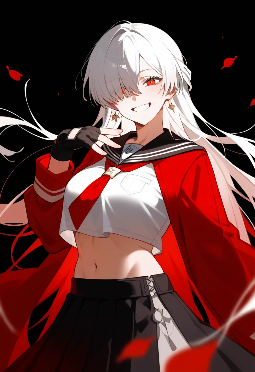 score_9, score_8_up, score_7_up, 1girl, white hair, bangs, hair over one eye, red eyes, smile, grin, long hair, pale skin, serafuku, long skirt, midriff, toned, curvy, large breasts, long sleeves, fingerless gloves, anastasia (fate), acheron_red, unaestheticXL_bp5, aidxlv05_neg, (SuperQuality:1.2), (negative_v2 Color_Balance_Calibration:0.8)