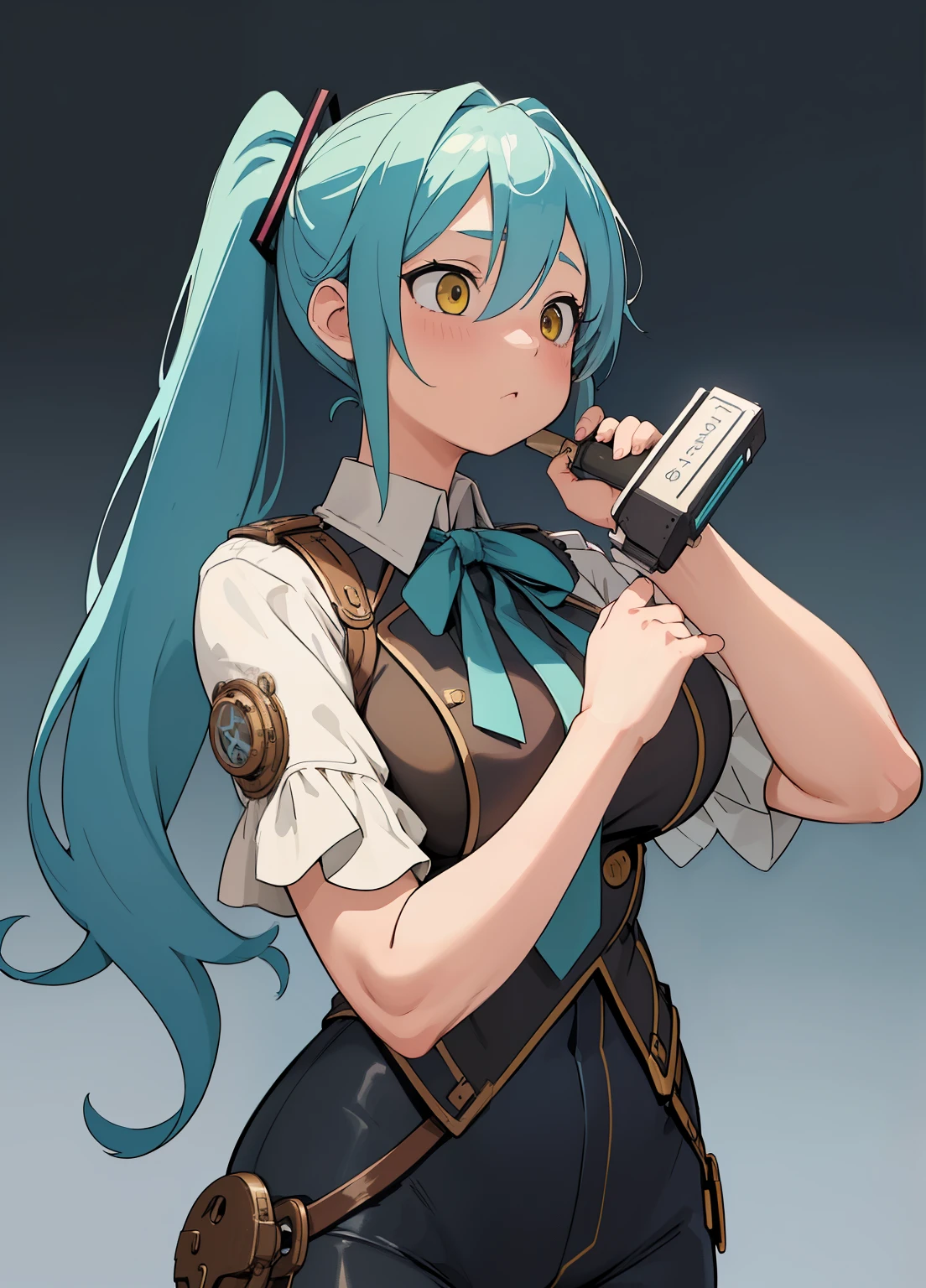 (masterpiece、Highest quality、Highest quality、Official Art、Beautiful and beautiful:1.2)、(One girl:1.3)Hatsune Miku、Twin tails,Beautiful breasts,(((masterpiece、Best image quality、Highest quality、Highly detailed Unity 8kwallpaper)))、((Illustration of one girl、Upper Body))、(((beautiful girl)))、(Fantasy、female pirate)、(Bright light blue hair、Short Ponytail:1.2、Yellow Eyes)、(((Right hand is a prosthetic hand、Steampunk prosthetic arm)))、((expensive))、Stocky figure, Huge frame, Thick neck, Sturdy arms, Strong legs、(captain'suit、pirate hat、Blue coat)、Bridge pier、The pirate ship anchored