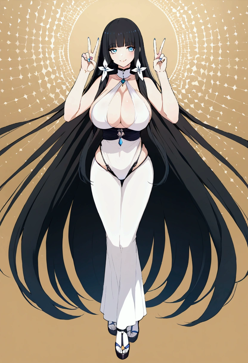 Hime cut black long hair、Full body illustration of a girl with straight bangs and blue eyes。She is wearing a white bikini、Large breasts。She is smiling and making a peace sign with both hands.。