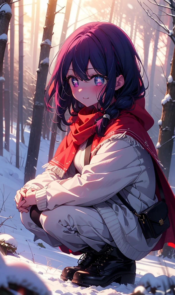 aihoshino, Ai Hoshino, Long Hair, bangs, (Purple eyes:1.1), Purple Hair, (Symbol-shaped pupil:1.5), smile,,smile,blush,white breath,
Open your mouth,snow,Ground bonfire, Outdoor, boots, snowing, From the side, wood, suitcase, Cape, Blurred, , forest, White handbag, nature, Squat, Mouth closed, Cape, winter, Written boundary depth, Black shoes, red Cape break looking at viewer, Upper Body, whole body, break Outdoor, forest, nature, break (masterpiece:1.2), Highest quality, High resolution, unity 8k wallpaper, (shape:0.8), (Beautiful and beautiful eyes:1.6), Highly detailed face, Perfect lighting, Extremely detailed CG, (Perfect hands, Perfect Anatomy),