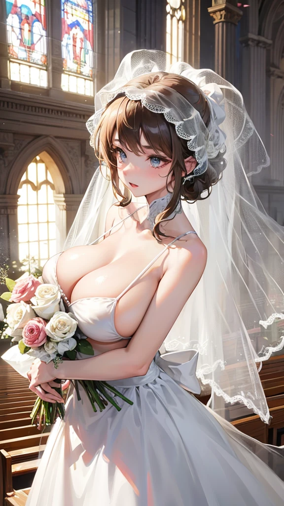 Girl with huge breasts wearing a micro bikini and a wedding dress with a veil and bouquet in the church 