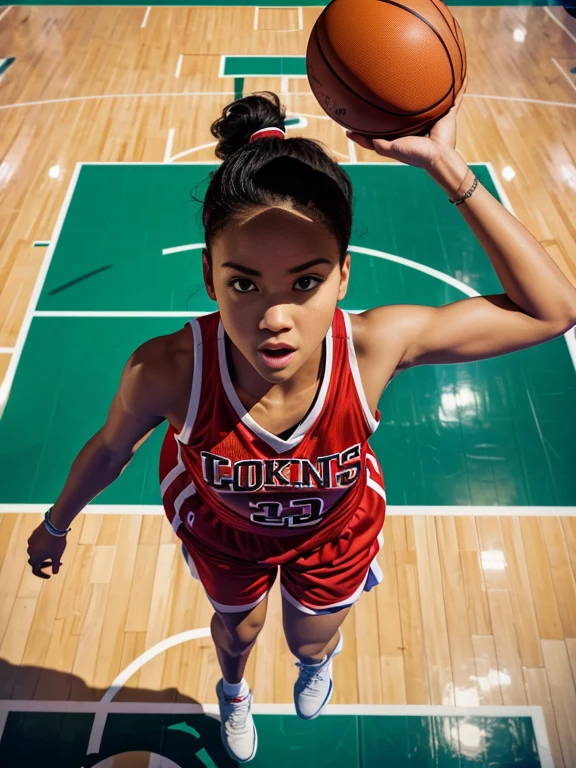 (Ball in the basketball ring), Hold up the ball with both hands, NBA basketball player, 1girl, Incredible jump, floating down from the basketball court, best quality, (masterpiece), hyper detailed, ultra high res, photorealistic, raw photo, absolutely resolution, ((aerial view)), hand focus, looking up at basketball ring, 