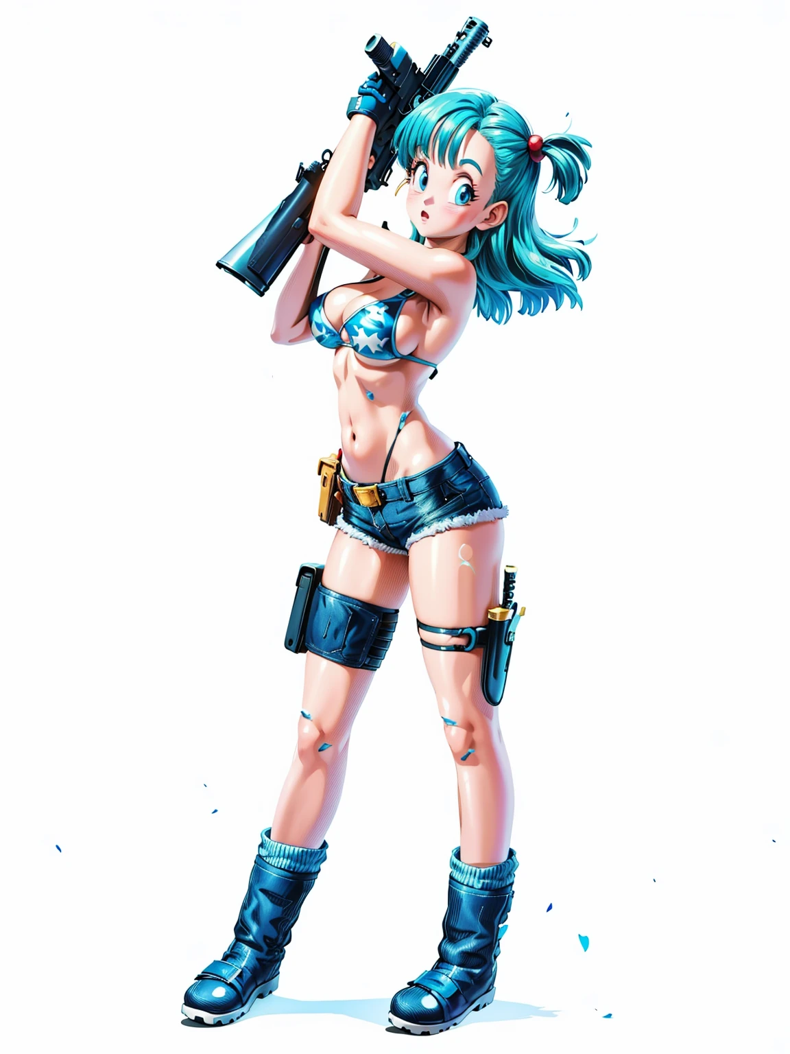 1girl, solo, gun, weapon, shorts, swimsuit, bulma, holster, boots, bikini, blue hair, gloves, breasts, blue eyes, one side up, bikini top only, denim shorts, thigh holster, blue shorts, denim, short shorts, cleavage, navel, medium breasts, handgun, full body, long hair, midriff, belt, thigh strap