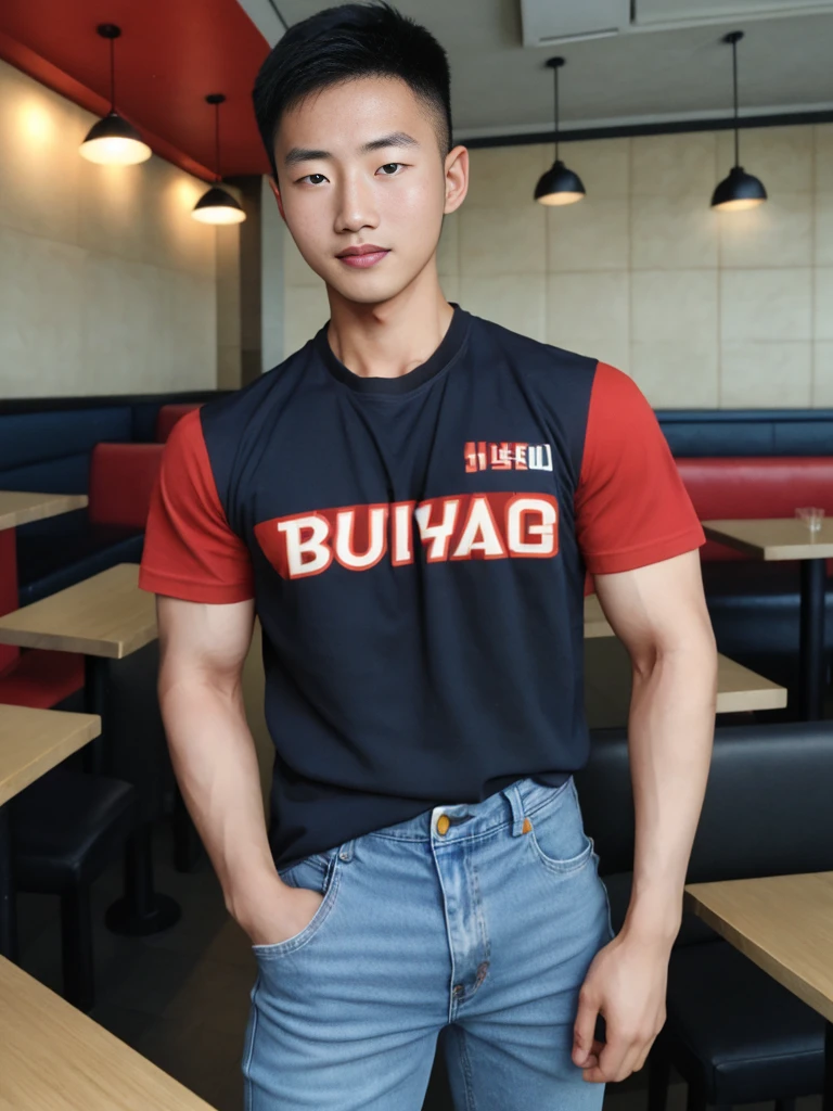((realistic daylight)) , Young Korean man in black sports shirt only, no pattern, denim shirt, jeans., A handsome, muscular young Asian man looks at the camera. In a simple t-shirt blue and red , in the restaurant ,turn sideways