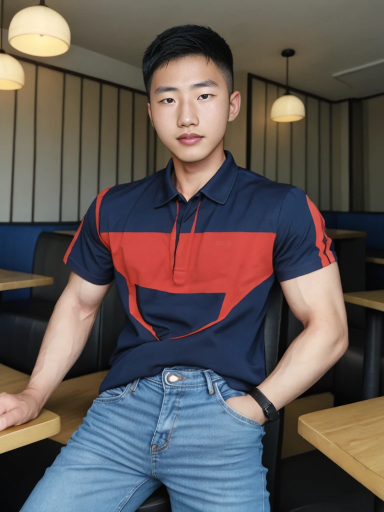((realistic daylight)) , Young Korean man in black sports shirt only, no pattern, denim shirt, jeans., A handsome, muscular young Asian man looks at the camera. In a simple t-shirt blue and red , in the restaurant ,turn sideways