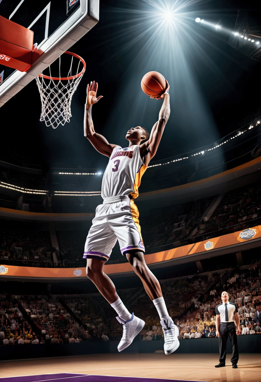 (Game-Winning Dunk), The basketball player unfolds in the air, tightly gripping the basketball with both hands, preparing to dunk the ball into the basket. The background is inside the sports arena, with light shining through the roof and onto the player, full body, award-winning, cinematic still, emotional, vignette, dynamic, vivid, (masterpiece, best quality, Professional, perfect composition, very aesthetic, absurdres, ultra-detailed, intricate details:1.3)