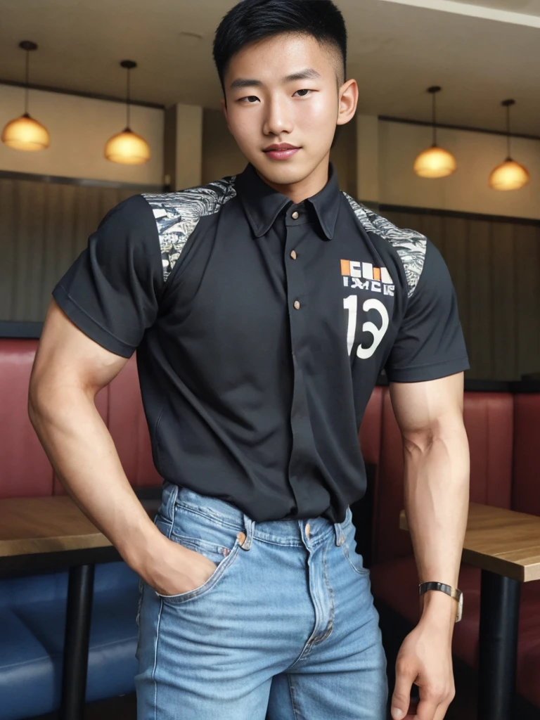 ((realistic daylight)) , Young Korean man in black sports shirt only, no pattern, denim shirt, jeans., A handsome, muscular young Asian man looks at the camera. , in the restaurant ,turn sideways