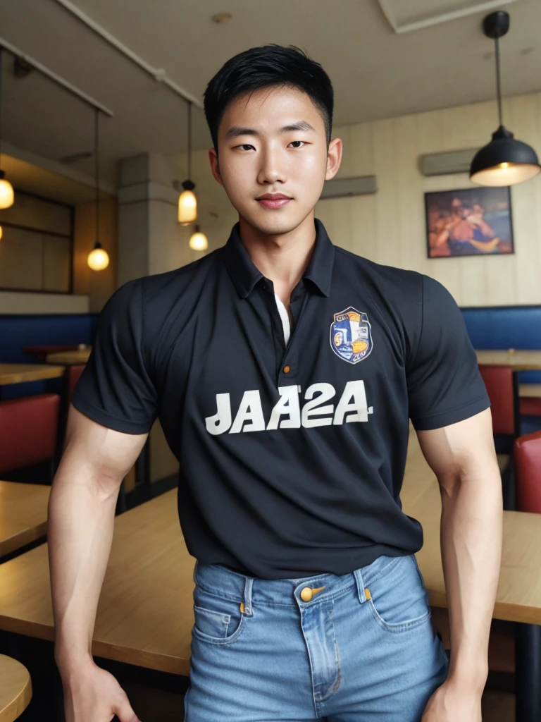 ((realistic daylight)) , Young Korean man in black sports shirt only, no pattern, denim shirt, jeans., A handsome, muscular young Asian man looks at the camera. , in the restaurant ,turn sideways