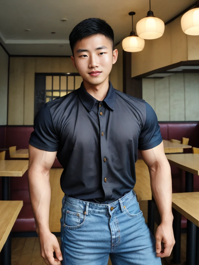 ((realistic daylight)) , Young Korean man in black sports shirt only, no pattern, denim shirt, jeans., A handsome, muscular young Asian man looks at the camera. , in the restaurant ,turn sideways