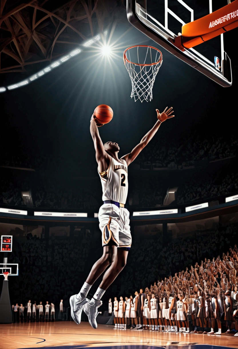 (Game-Winning Dunk), The basketball player unfolds in the air, tightly gripping the basketball with both hands, preparing to dunk the ball into the basket. The background is inside the sports arena, with light shining through the roof and onto the player, full body, award-winning, cinematic still, emotional, vignette, dynamic, vivid, (masterpiece, best quality, Professional, perfect composition, very aesthetic, absurdres, ultra-detailed, intricate details:1.3)