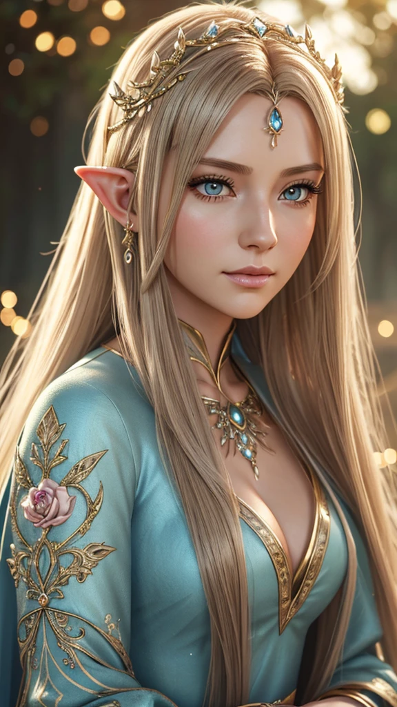 Close-up of a woman with very long hair and a very pretty dress, Beautiful and elegant elven queen, 8k high quality detailed art, Complex and gorgeous anime CGI style, Anime Style. 8k, Gweiz-style artwork, 8k portrait render, 3d rendering character art 8k, Detailed digital anime art, Fantasy art style