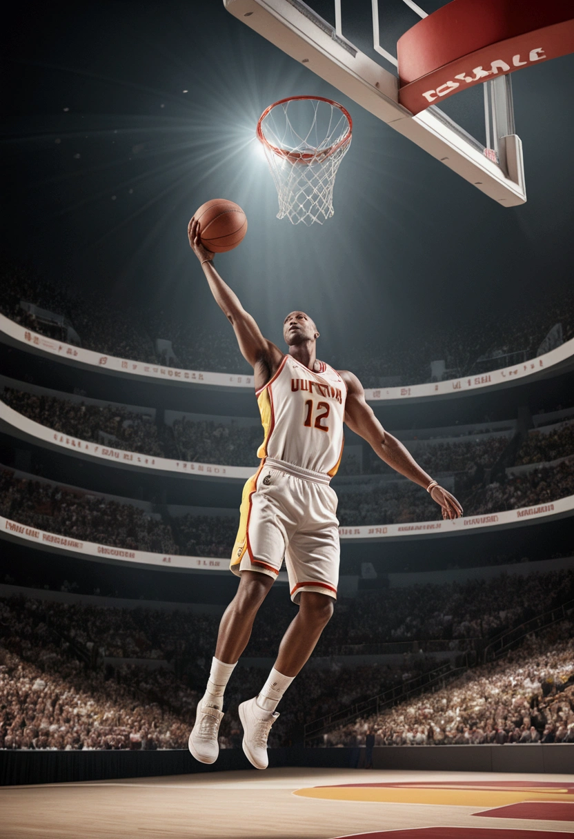 (Game-Winning Dunk), The basketball player unfolds in the air, tightly gripping the basketball with both hands, preparing to dunk the ball into the basket. The background is inside the sports arena, with light shining through the roof and onto the player, full body, award-winning, cinematic still, emotional, vignette, dynamic, vivid, (masterpiece, best quality, Professional, perfect composition, very aesthetic, absurdres, ultra-detailed, intricate details:1.3)