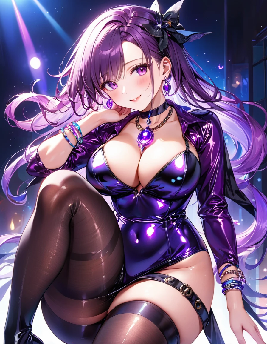 1 mature woman,(Highest quality,Extremely detailed depiction,Incredibly absurd high resolution,Anatomically accurate depiction,Perfect body,Two curvaceous legs),(Glowing Skin,Shiny skin,Oilskin),(Bodycon,A microdress with a strong metallic sheen,Black Stockings),(Luxurious accessories,necklace,Earrings,bracelet),eyelash,(Luminous purple eyes,Detailed pupil,Crazy Eyes,There is cleavage in the chest,Bewitching Smile,Glossy lipstick,blush,forward leaning posture,Put your hand on your cheek),Sweat,(whole body),background:Night bar,Purple air