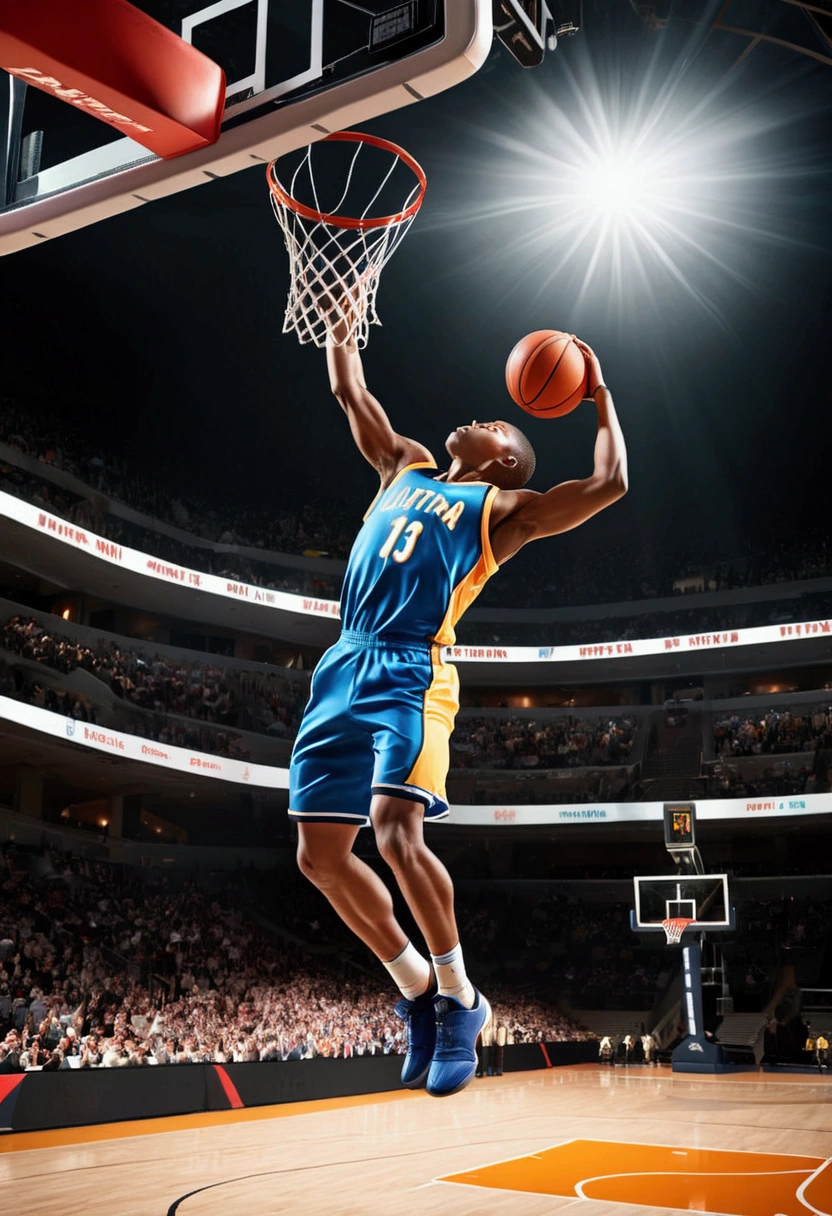 (Game-Winning Dunk, basketball hoop), Capture the ethereal light and shadow in a stunning photograph with selective color details, revealing the hidden poetry of (glowing objects), full body, award-winning, cinematic still, emotional, vignette, dynamic, vivid, (masterpiece, best quality, Professional, perfect composition, very aesthetic, absurdres, ultra-detailed, intricate details:1.3)