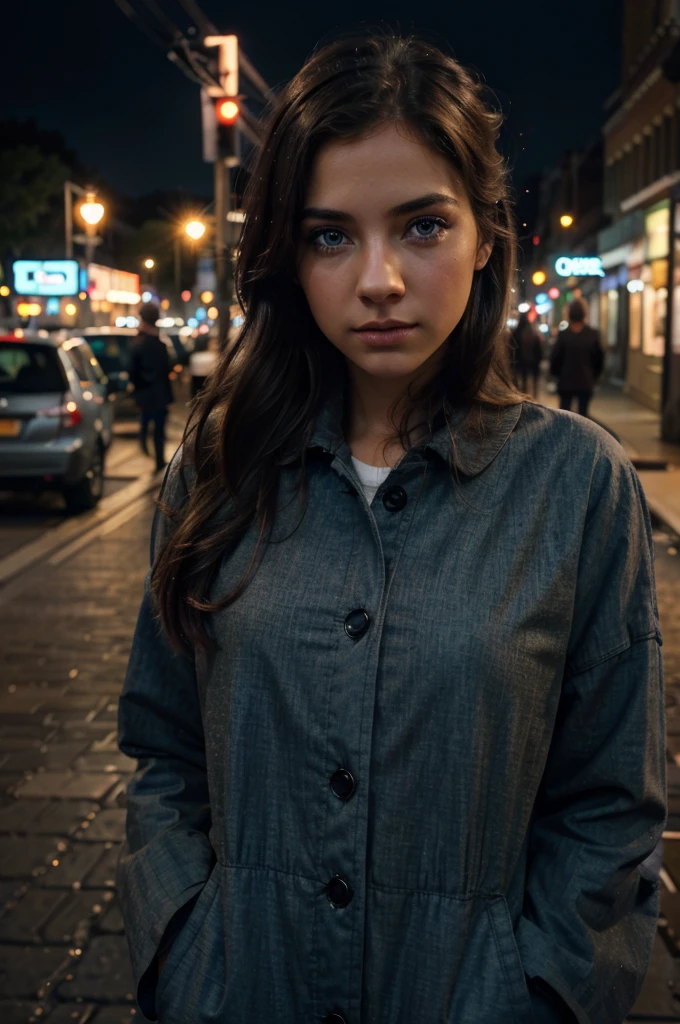 a girl standing in the street, 1girl, detailed face, beautiful eyes, long eyelashes, perfect skin, street, cityscape, realistic, photorealistic, highly detailed, 8K, best quality, masterpiece, cinematic lighting, vibrant colors, dramatic atmosphere