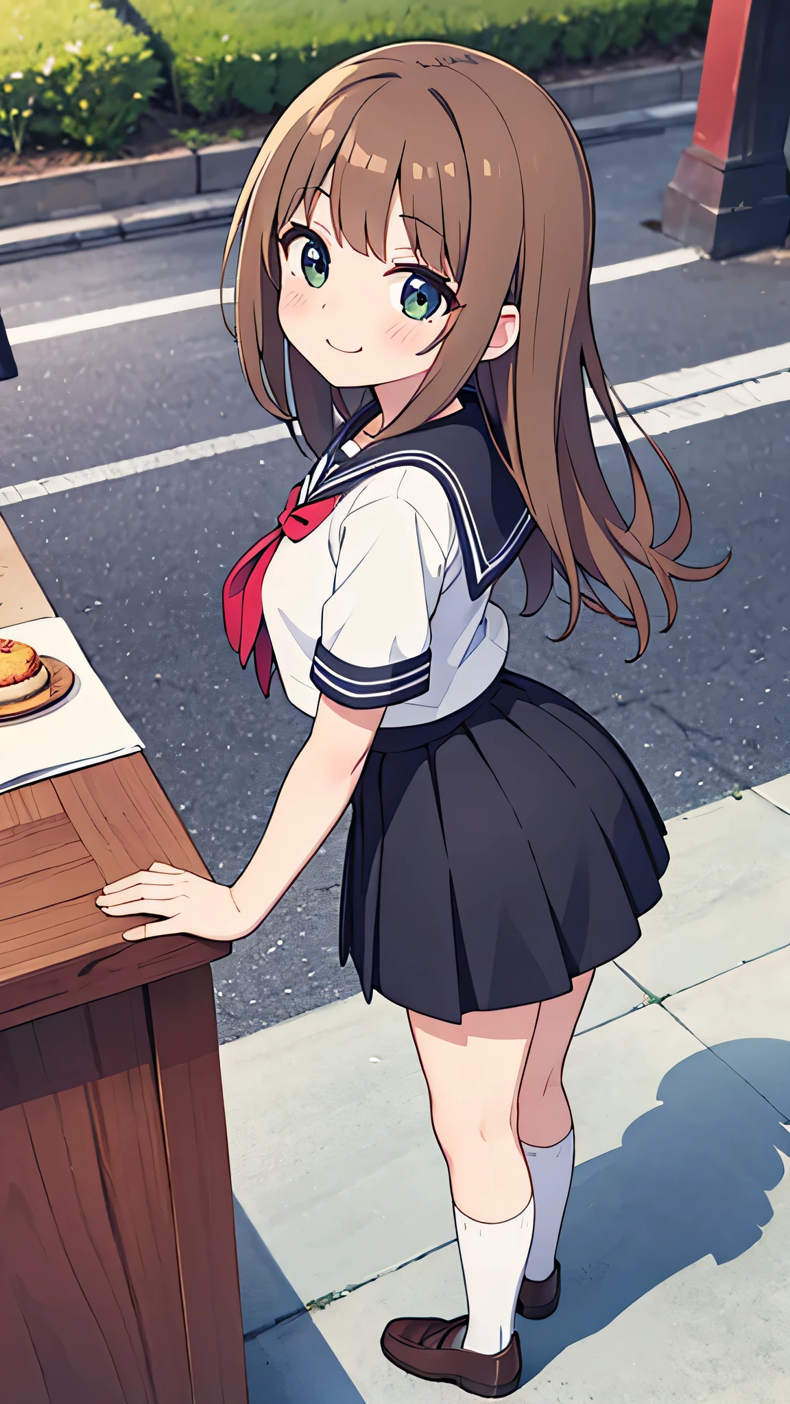 {Highest quality}, {Super beautiful},{Ultra fine},{Best illustration},Brown Hair,Hime cut,semi-long,Bangs,Standing Woman,Sailor suit,Short sleeve,knit cardigan,Long black skirt,Night Park,Embarrassed,smilingly,Blushing,Slender women,Black knee-high socks,Black Loafers,From an angle,From above