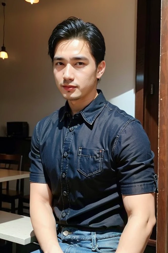 ((realistic daylight)) , Young Korean man in black sports shirt only, no pattern, denim shirt, jeans., A handsome, muscular young Asian man looks at the camera. , in the restaurant ,turn sideways