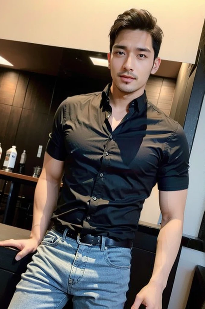 ((realistic daylight)) , Young Korean man in black sports shirt only, no pattern, denim shirt, jeans., A handsome, muscular young Asian man looks at the camera. , in the restaurant ,turn sideways