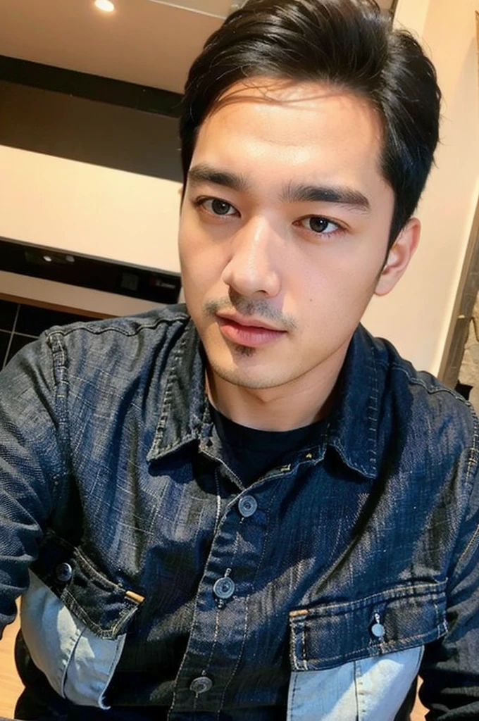 ((realistic daylight)) , Young Korean man in black sports shirt only, no pattern, denim shirt, jeans., A handsome, muscular young Asian man looks at the camera. , in the restaurant ,turn sideways