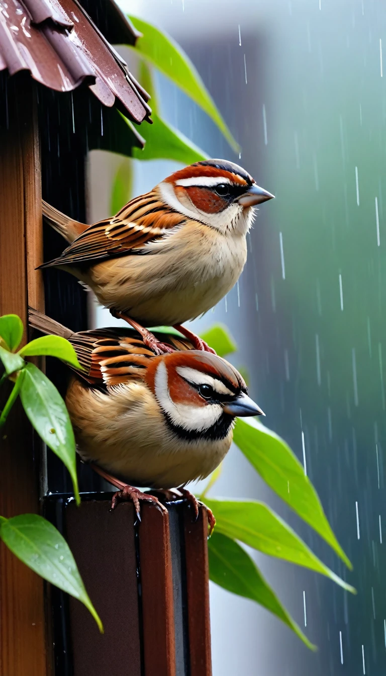 A sparrow shelters from the rain、House