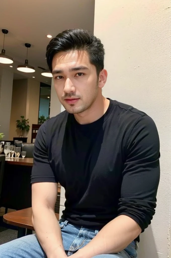 ((realistic daylight)) , Young Korean man in black sports shirt only, no pattern, denim shirt, jeans., A handsome, muscular young Asian man looks at the camera.  , in the restaurant ,turn sideways