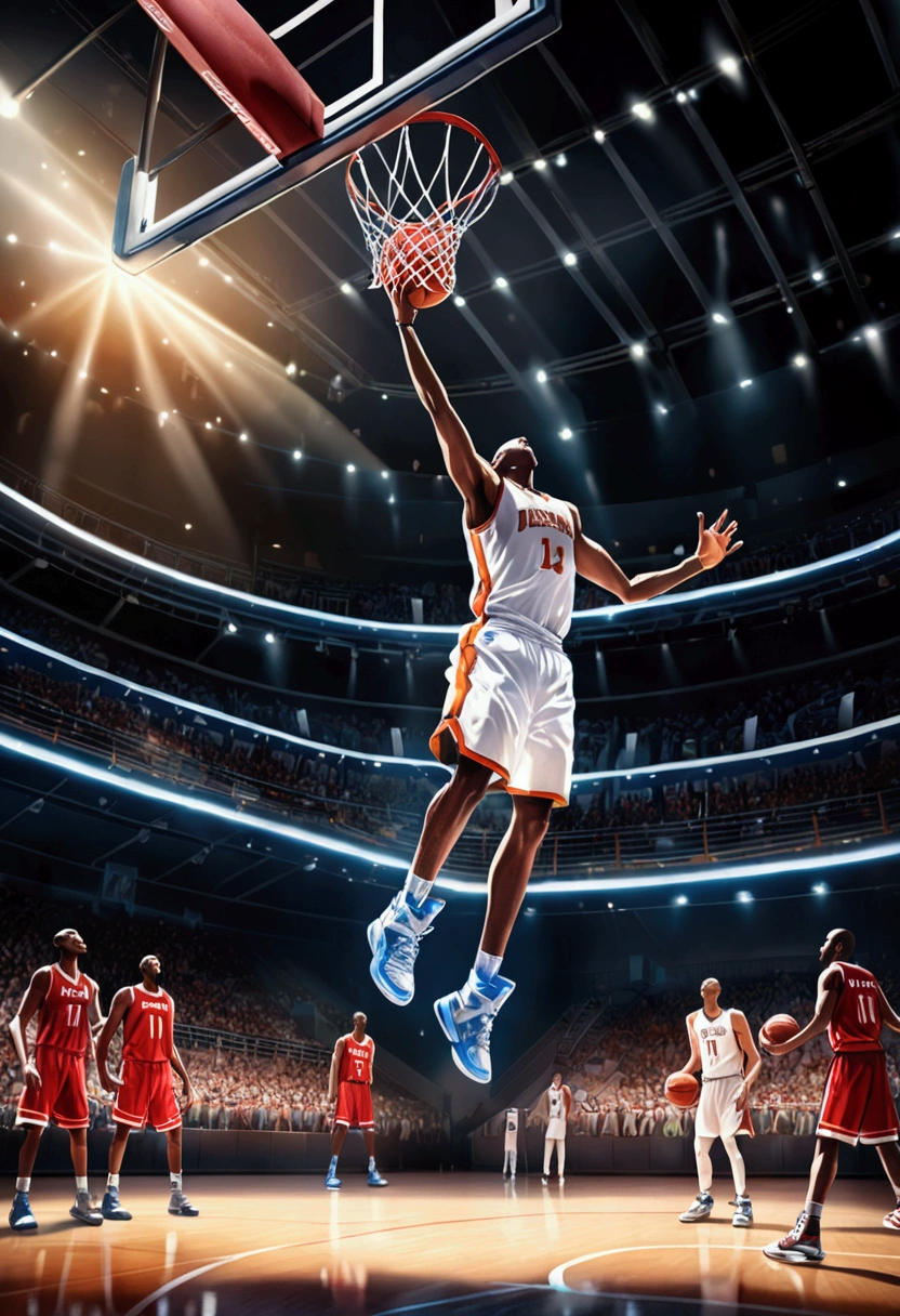 (Game-Winning Dunk, basketball hoop), Capture the ethereal light and shadow in a stunning photograph with selective color details, revealing the hidden poetry of (glowing objects), full body, award-winning, cinematic still, emotional, vignette, dynamic, vivid, (masterpiece, best quality, Professional, perfect composition, very aesthetic, absurdres, ultra-detailed, intricate details:1.3)