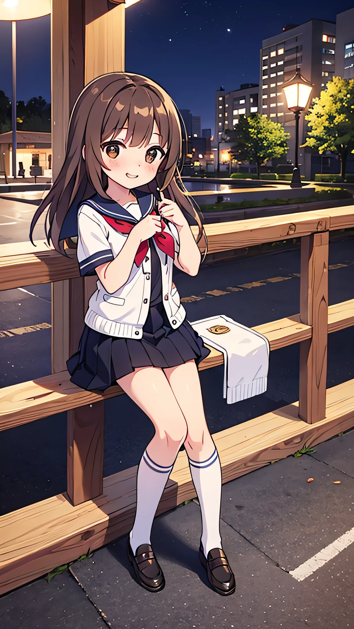{Highest quality}, {Super beautiful},{Ultra fine},{Best illustration},Brown Hair,Hime cut,semi-long,Bangs,Standing Woman,Sailor suit,Short sleeve,knit cardigan,Long black skirt,Night Park,Embarrassed,smilingly,Blushing,Slender women,Black knee-high socks,Black Loafers,From an angle,From above