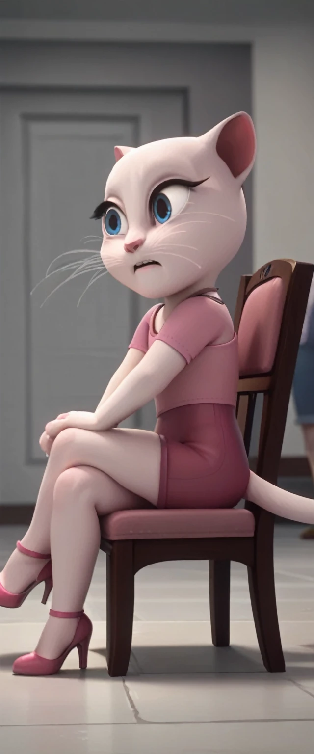 1 girl, cat, white fur, long whiskers on both sides of the face, large bright blue eyes, large black eyelashes, small pink nose, triangular ears with pink channels.      There are high-heeled shoes. 1 girl and 1 boy.  side view legs man opens chair legs woman sits on man's lap with her legs crossed having sex.fucking penis in anus rape rape is displayed above.  crossed legs