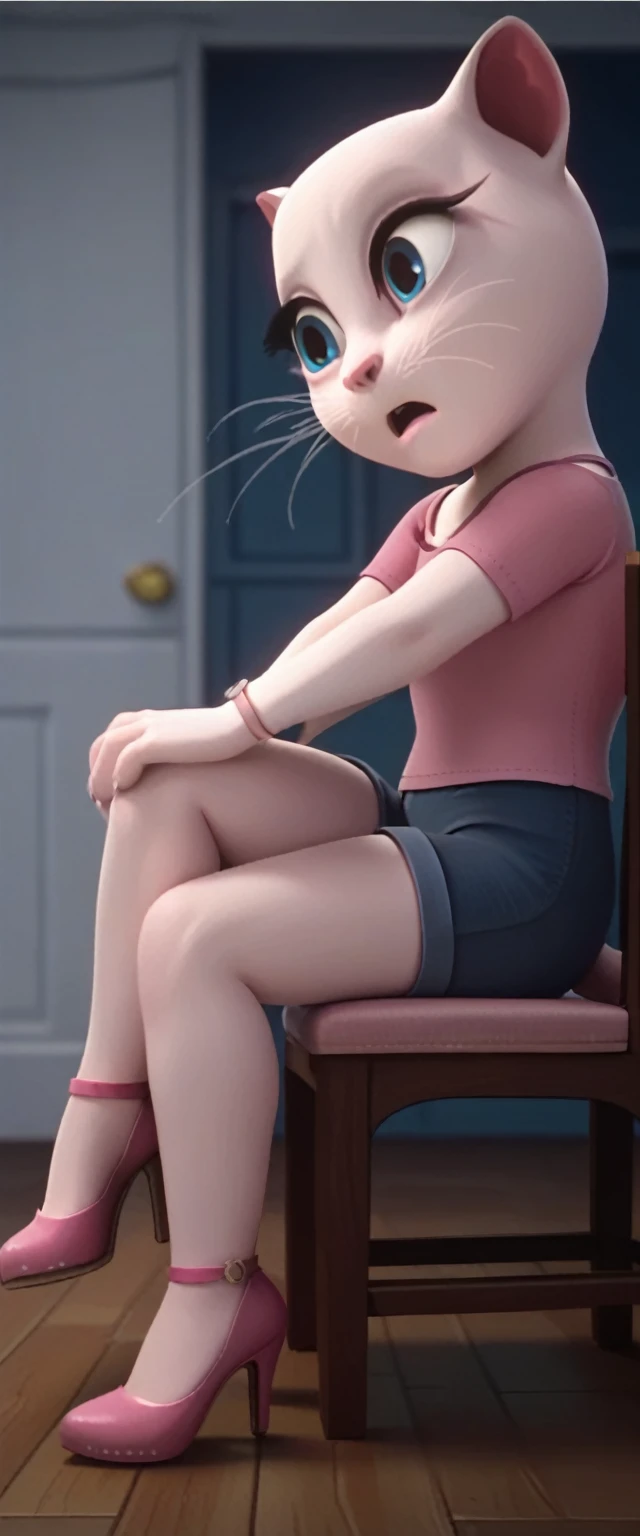 1 girl, cat, white fur, long whiskers on both sides of the face, large bright blue eyes, large black eyelashes, small pink nose, triangular ears with pink channels. There are high-heeled shoes. 1 girl and 1 boy. side view legs man opens chair legs woman sits on man's lap with her legs crossed having sex.fucking penis in anus rape rape is displayed above. crossed legs