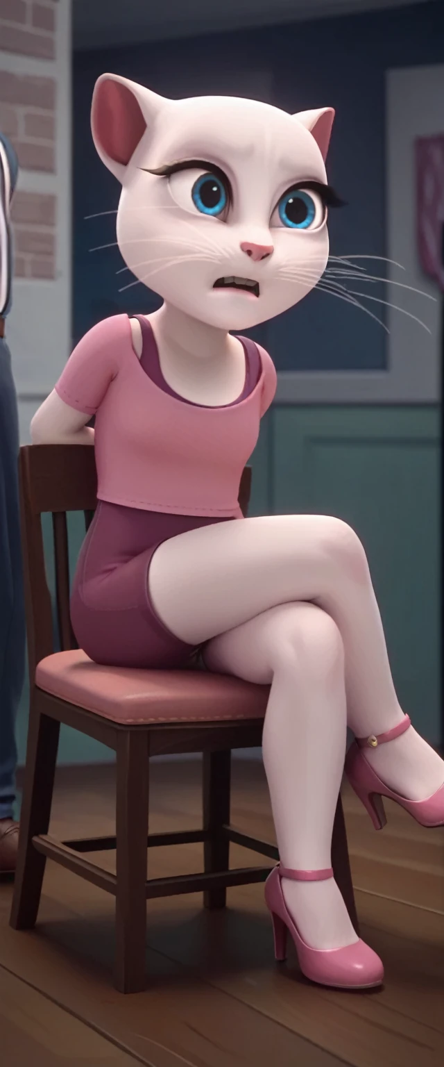 1 girl, cat, white fur, long whiskers on both sides of the face, large bright blue eyes, large black eyelashes, small pink nose, triangular ears with pink channels. There are high-heeled shoes. 1 girl and 1 boy. side view legs man opens chair legs woman sits on man's lap with her legs crossed having sex.fucking penis in anus rape rape is displayed above. crossed legs