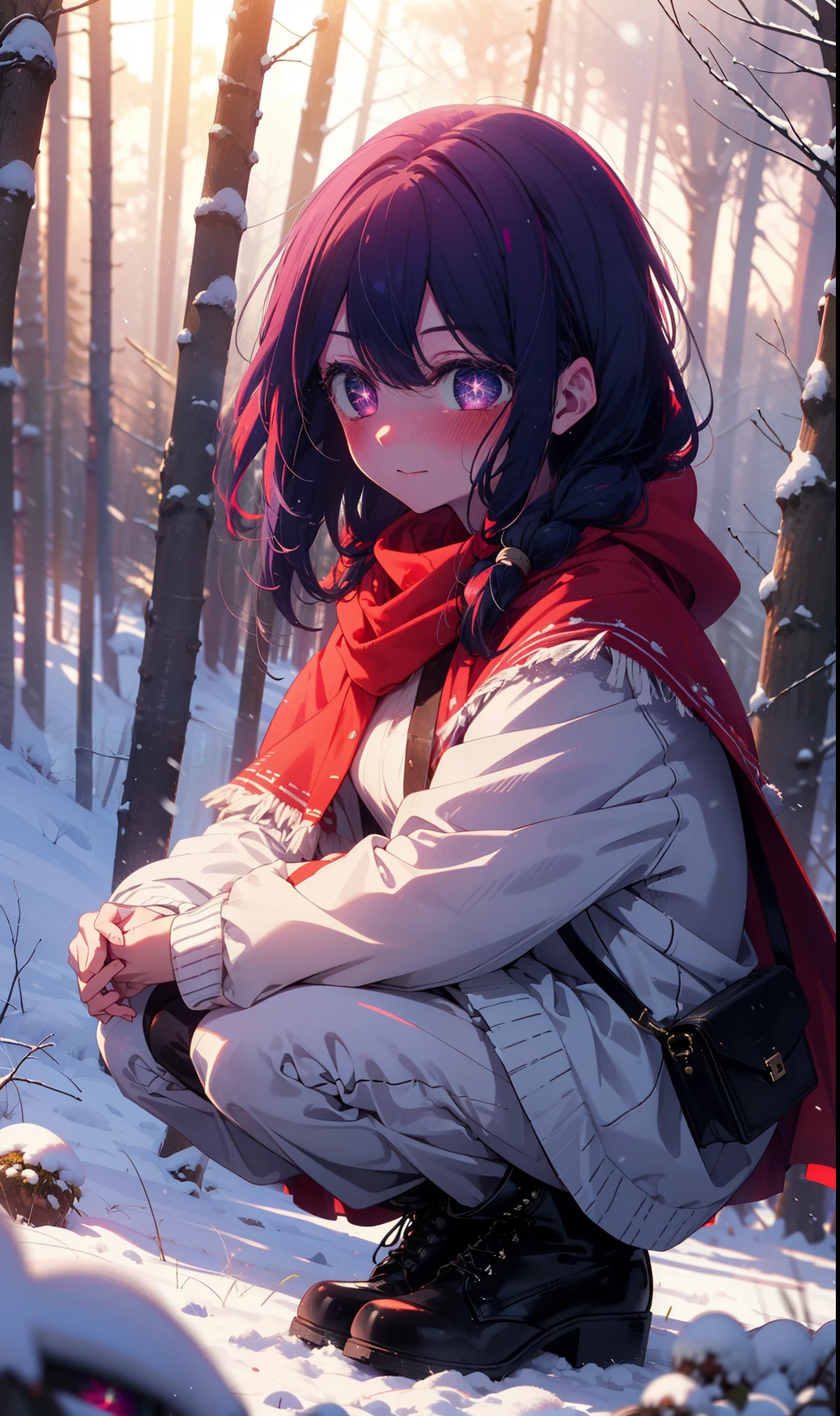 aihoshino, Ai Hoshino, Long Hair, bangs, (Purple eyes:1.1), Purple Hair, (Symbol-shaped pupil:1.5), smile,,smile,blush,white breath,
Open your mouth,snow,Ground bonfire, Outdoor, boots, snowing, From the side, wood, suitcase, Cape, Blurred, , forest, White handbag, nature, Squat, Mouth closed, Cape, winter, Written boundary depth, Black shoes, red Cape break looking at viewer, Upper Body, whole body, break Outdoor, forest, nature, break (masterpiece:1.2), Highest quality, High resolution, unity 8k wallpaper, (shape:0.8), (Beautiful and beautiful eyes:1.6), Highly detailed face, Perfect lighting, Extremely detailed CG, (Perfect hands, Perfect Anatomy),