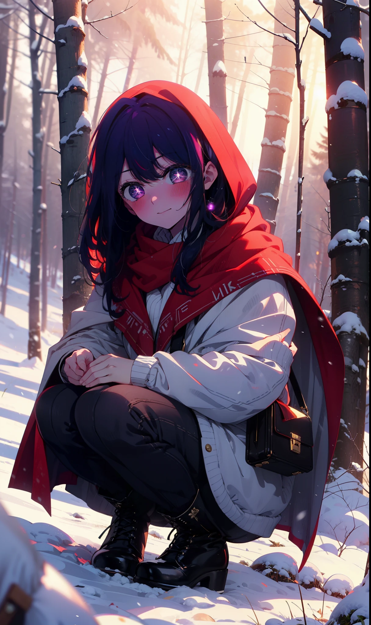 aihoshino, Ai Hoshino, Long Hair, bangs, (Purple eyes:1.1), Purple Hair, (Symbol-shaped pupil:1.5), smile,,smile,blush,white breath,
Open your mouth,snow,Ground bonfire, Outdoor, boots, snowing, From the side, wood, suitcase, Cape, Blurred, , forest, White handbag, nature,  Squat, Mouth closed, Cape, winter, Written boundary depth, Black shoes, red Cape break looking at viewer, Upper Body, whole body, break Outdoor, forest, nature, break (masterpiece:1.2), Highest quality, High resolution, unity 8k wallpaper, (shape:0.8), (Beautiful and beautiful eyes:1.6), Highly detailed face, Perfect lighting, Extremely detailed CG, (Perfect hands, Perfect Anatomy),