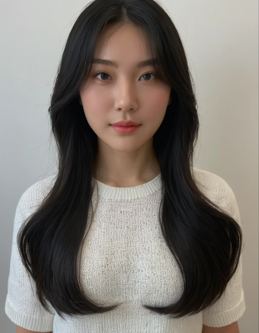 Best Quality, 8k, Masterpiece, (Portrait: 1.3), (photo realistic:1.4), (hyper realistic:1.4), Sharp Focus, looking at viewer, (smoother lighting:1.1), (increase cinematic lighting quality:0.9), realistic lighting, backlighting, light on face, ray trace, (brightening light:1.2), (Increase quality:1.4), sharp detail, (best quality real texture skin:1.4), finely detailed eyes, black_eyes, finely detailed face, 25 year old Korean woman, (white formal_shirt:1.4), (Create an image maintaining the original base model hairstyle:1.5)