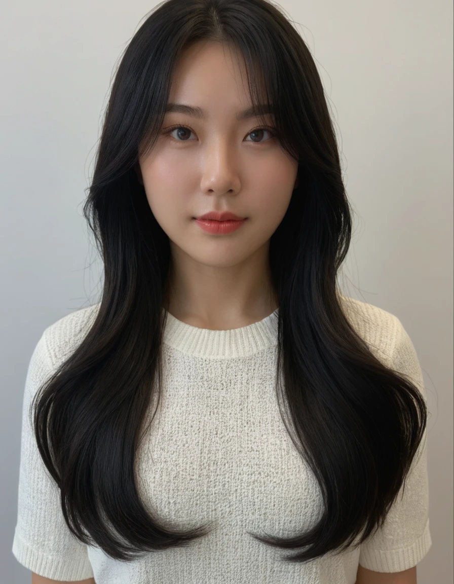 Best Quality, 8k, Masterpiece, (Portrait: 1.3), (photo realistic:1.4), (hyper realistic:1.4), Sharp Focus, looking at viewer, (smoother lighting:1.1), (increase cinematic lighting quality:0.9), realistic lighting, backlighting, light on face, ray trace, (brightening light:1.2), (Increase quality:1.4), sharp detail, (best quality real texture skin:1.4), finely detailed eyes, black_eyes, finely detailed face, 25 year old Korean woman, (white formal_shirt:1.4), (Create an image maintaining the original base model hairstyle:1.5)