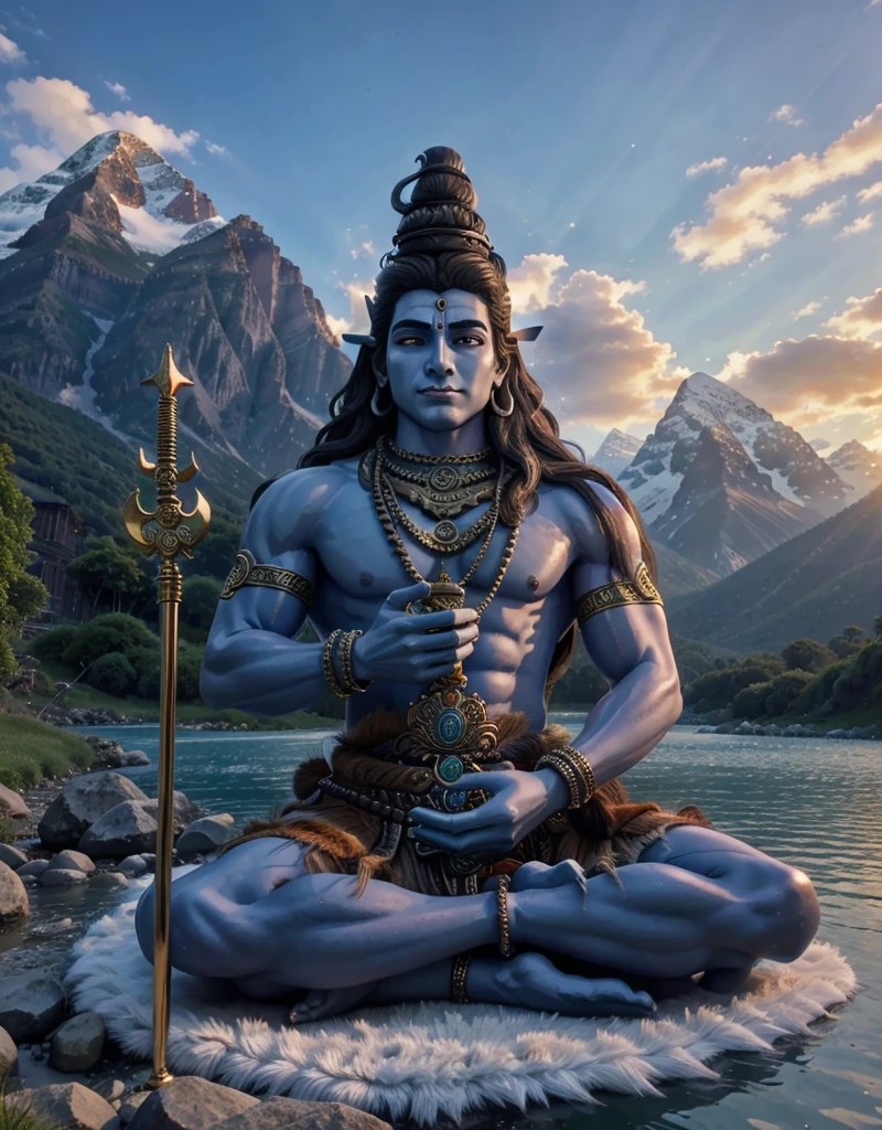 ((best quality)), ((masterpiece)), (detailed), lord shiva sitting at the top giving blessings upon the land, lush grass with flowing river beautiful, Realistic, life like , amazing , sun rise , with mountains and lush forest in the background, shiva is sitting cross legged. With Cresent on the head. Cobra sitting with shiva , add a trident in shivas hand upright on his left hand. On the right hand shivas blessings must be given with sun rays. Shivas palm must be facing forward. Snow topped mountains, blue skin. Below lord shiva is lord Hanuman, Lord Hanuman is sitting cross legged in a natural position, lord Hanuman has a golden mace in his hand. Lord shiva has a cobra and peacock next to him. Full image , wallpaper 