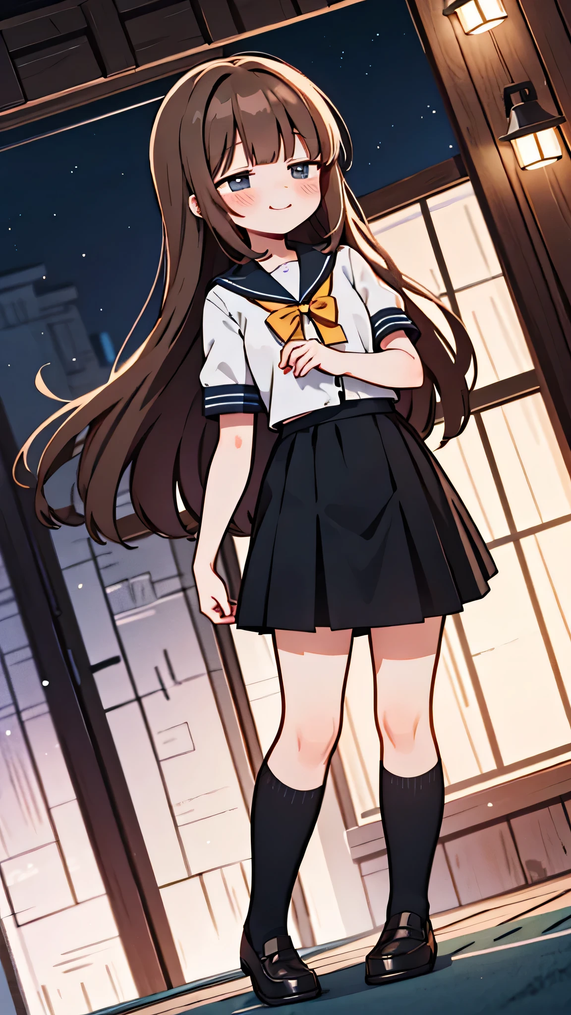 {Highest quality}, {Super beautiful},{Ultra fine},{Best illustration},Brown Hair,Hime cut,semi-long,Bangs,Standing Woman,Sailor suit,Short sleeve,knit cardigan,Long black skirt,Night Park,Embarrassed,smilingly,Blushing,Slender women,Black knee-high socks,Black Loafers,From an angle,From above