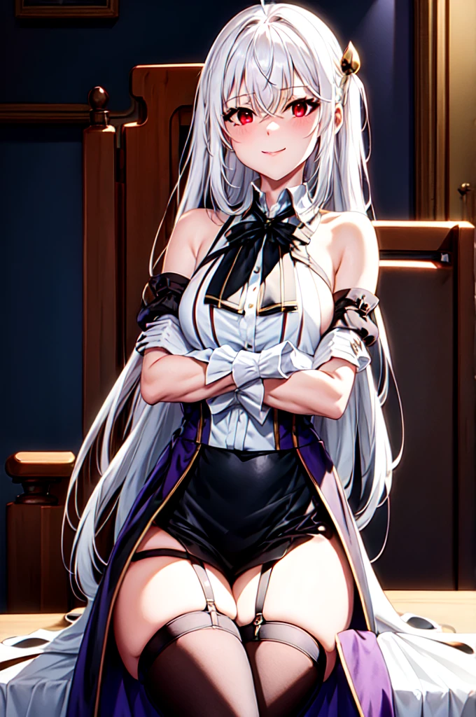 ninym ,masterpiece, glowing light,small breasts, perfect lighting, looking at viewer, 1girl, mature female,cowboy shot,thighs, white hair,gradient hair,red eyes, gradient eyes, glowing eyes, black thighhighs, thigh straps, white shirt, black bowtie, white gloves, ahoge, purple sleeves, (simple background), white background, gradient background, light smile, crossed arms, sitting, crossed legs