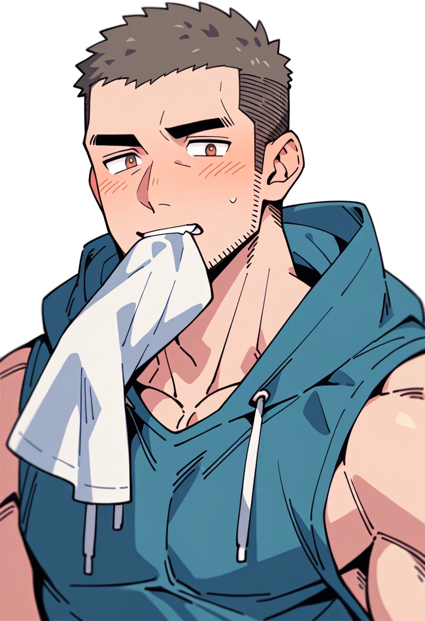 anime characters：Priapus, Muscle Sports Student, Buzz Cut, Manliness, male focus, Sports tight hooded sweatshirt, Very tight, full and perky chest muscles, muscular male, muscular, only, Upper body, alone, Black short hair, Thick eyebrows, stubble, Brown-red pupils, White background, simple background, amazing quality, best aesthetics, Ridiculous, crew cut, blush, mouth hold, Biting a white cotton towel in the mouth, embarrassed, shy, endured face, negative space, best quality