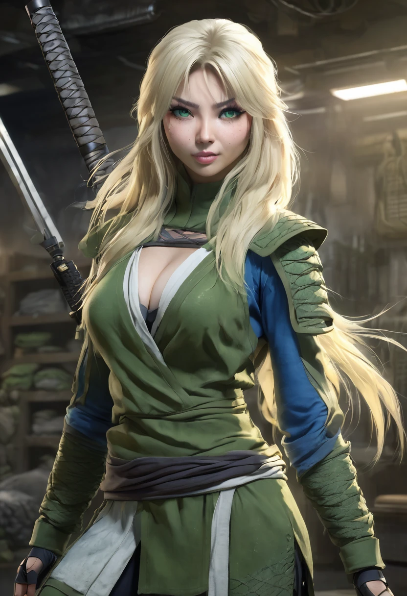 1 woman, inside a hand weapons room, wearing a moss green ninja outfit, detailed facial features, blue and feminine eyes, detailed white skin, long light blonde hair with a long fringe covering one eye, happy expression, image showing full body, dramatic lighting, big breasts, cinematic composition, cold and dark color palette, atmospheric fog, strong body, thin chin, (best quality, 4K, 8K, high resolution, art: 1.2), ultra-detailed, (realistic , photorealistic, photorealistic: 1.37)